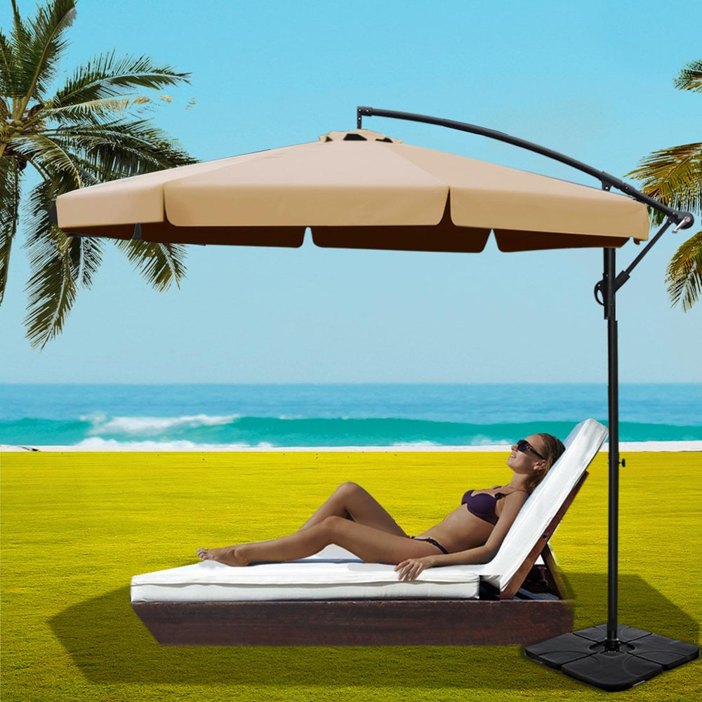Instahut 3m Outdoor Umbrella w/Base Cantilever Garden Beach Patio Beige-Home &amp; Garden > Shading > Umbrellas &amp; Sunshades-PEROZ Accessories