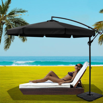 Instahut 3m Outdoor Umbrella w/Base Cantilever Garden Beach Patio Black-Home &amp; Garden > Shading > Umbrellas &amp; Sunshades-PEROZ Accessories