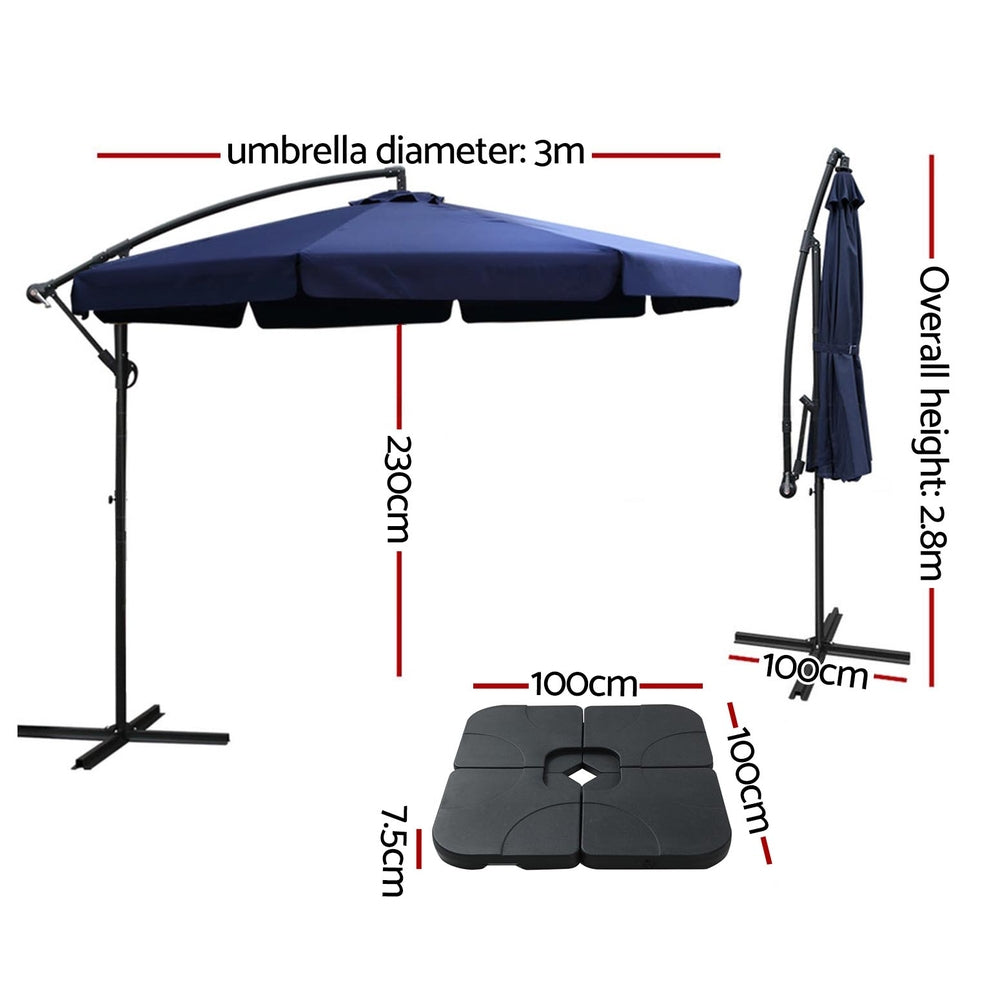 Instahut 3m Outdoor Umbrella w/Base Cantilever Garden Beach Patio Navy-Home &amp; Garden > Shading > Umbrellas &amp; Sunshades-PEROZ Accessories