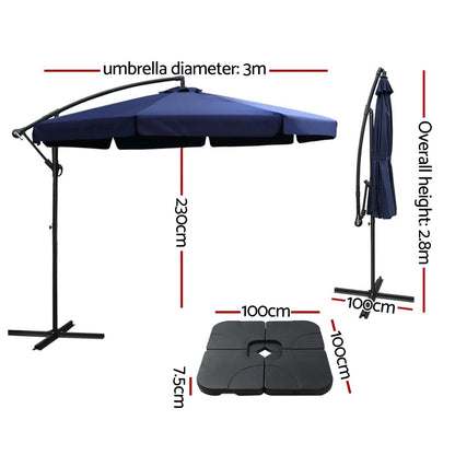 Instahut 3m Outdoor Umbrella w/Base Cantilever Garden Beach Patio Navy-Home &amp; Garden > Shading > Umbrellas &amp; Sunshades-PEROZ Accessories