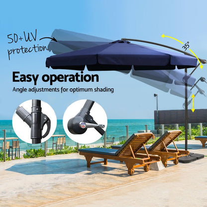 Instahut 3m Outdoor Umbrella w/Base Cantilever Garden Beach Patio Navy-Home &amp; Garden > Shading > Umbrellas &amp; Sunshades-PEROZ Accessories