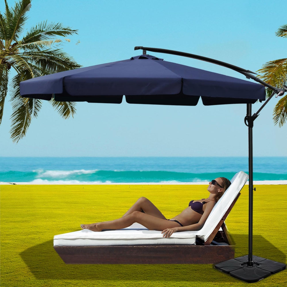 Instahut 3m Outdoor Umbrella w/Base Cantilever Garden Beach Patio Navy-Home &amp; Garden > Shading > Umbrellas &amp; Sunshades-PEROZ Accessories