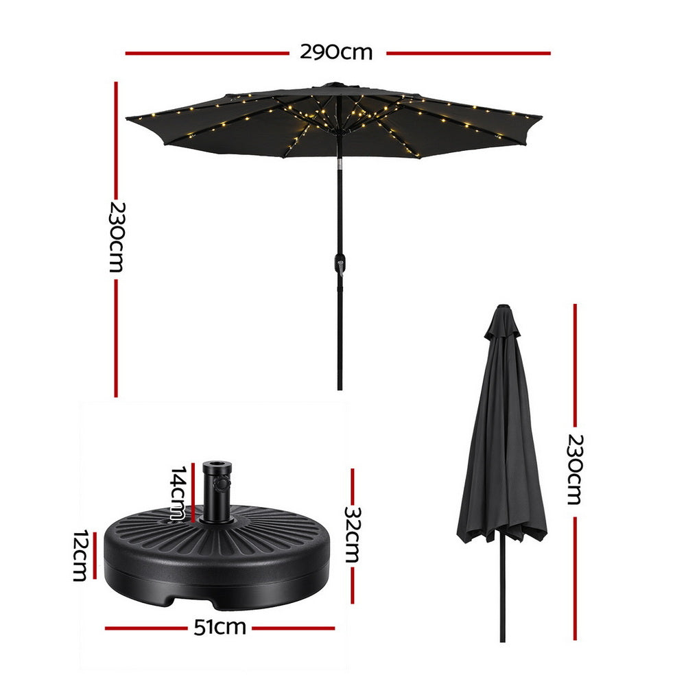Instahut Outdoor Umbrella 2.9m Market Umbrella with Base String Light Black-Home &amp; Garden > Shading > Umbrellas &amp; Sunshades-PEROZ Accessories