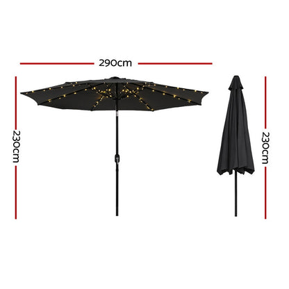 Instahut Outdoor Umbrella 2.9m Market Umbrella with String Light Tilt Black-Home &amp; Garden > Shading > Umbrellas &amp; Sunshades-PEROZ Accessories