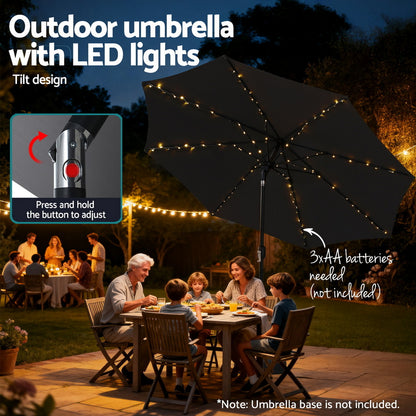 Instahut Outdoor Umbrella 2.9m Market Umbrella with String Light Tilt Black-Home &amp; Garden > Shading > Umbrellas &amp; Sunshades-PEROZ Accessories
