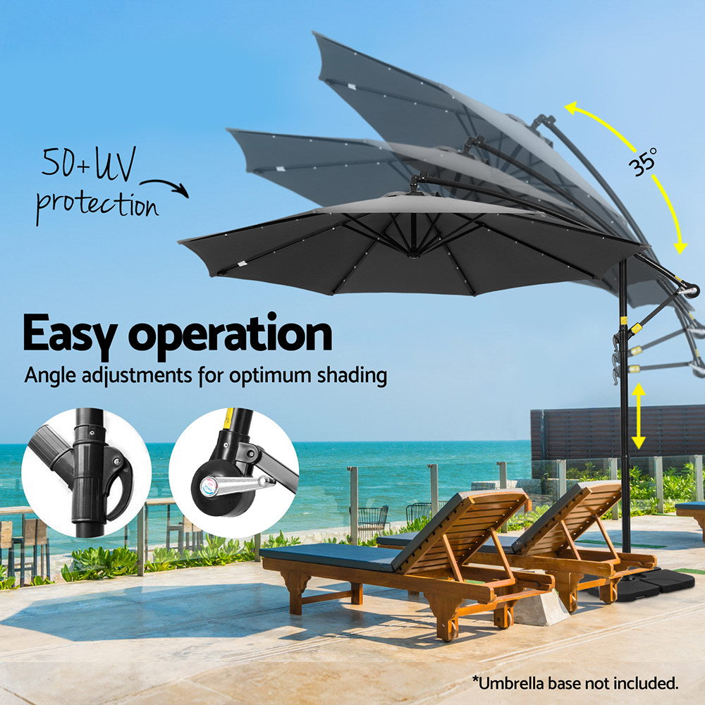 Instahut Outdoor Umbrella 3M Cantilever Beach LED Base Garden Sun Patio Charcoal-Home &amp; Garden > Shading > Umbrellas &amp; Sunshades-PEROZ Accessories