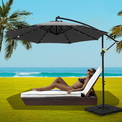 Instahut Outdoor Umbrella 3M Cantilever Beach LED Base Garden Sun Patio Charcoal-Home &amp; Garden > Shading > Umbrellas &amp; Sunshades-PEROZ Accessories