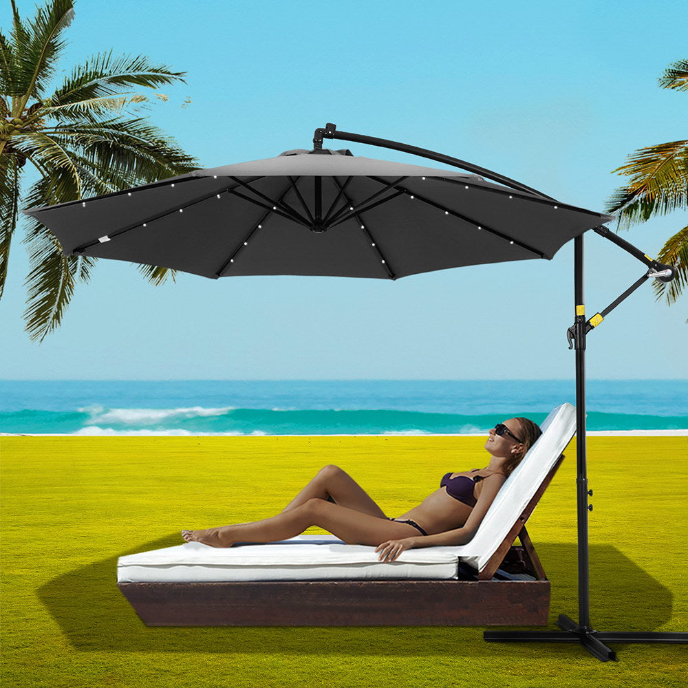 Instahut Outdoor Umbrella 3M Cantilever Beach LED Garden Shade Patio Charcoal-Home &amp; Garden > Shading > Umbrellas &amp; Sunshades-PEROZ Accessories