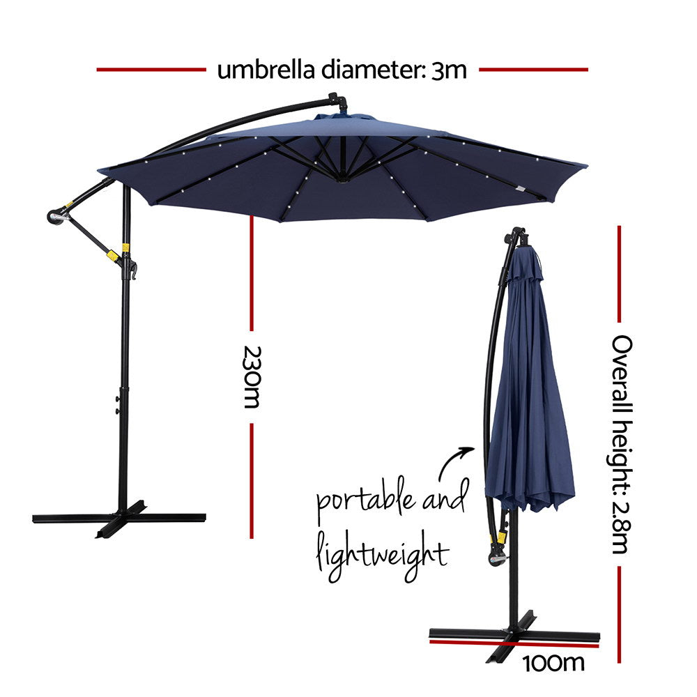 Instahut Outdoor Umbrella 3M Cantilever Beach LED Umbrellas Garden Shade Patio-Home &amp; Garden > Shading > Umbrellas &amp; Sunshades-PEROZ Accessories