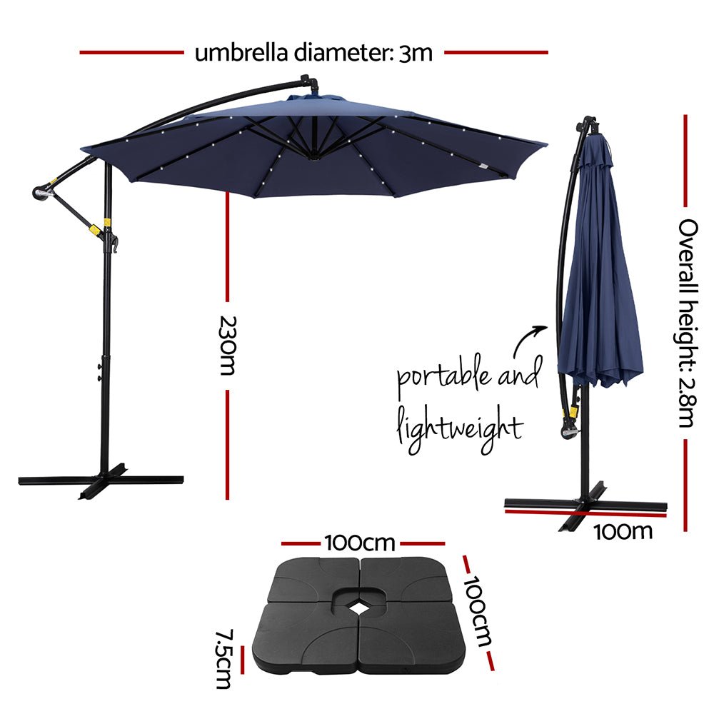 Instahut Outdoor Umbrella 3M Cantilever Beach LED w/Base Garden Shade Patio Navy-Home &amp; Garden > Shading > Umbrellas &amp; Sunshades-PEROZ Accessories
