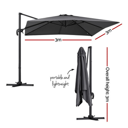 Instahut Outdoor Umbrella 3m Umbrellas Cantilever Stand Sun Roma 360 Degree Charcoal-Home &amp; Garden > Shading > Umbrellas &amp; Sunshades-PEROZ Accessories