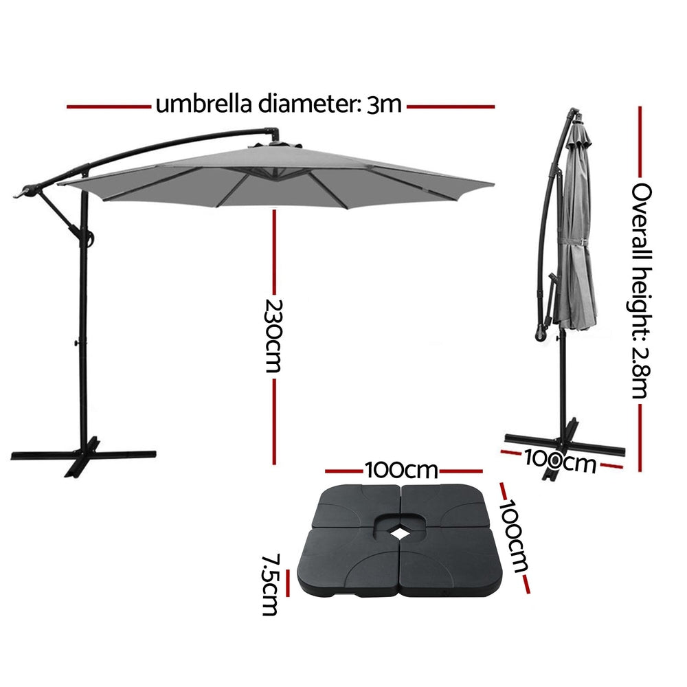 Instahut Umbrella Outdoor Umbrellas Cantilever Sun Stand UV Garden Base Grey 3M-Home &amp; Garden > Shading > Umbrellas &amp; Sunshades-PEROZ Accessories