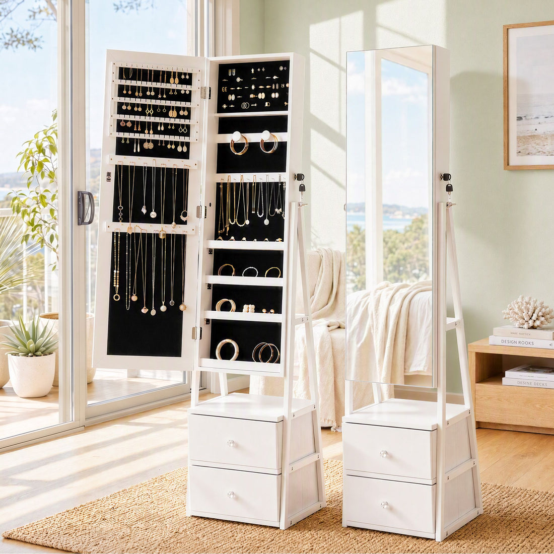 Artiss Lockable Jewelry Armoire with Mirror, Freestanding Organizer Cabinet with Drawers, White-Home &amp; Garden > Storage > Storage Cabinets &amp; Lockers-PEROZ Accessories