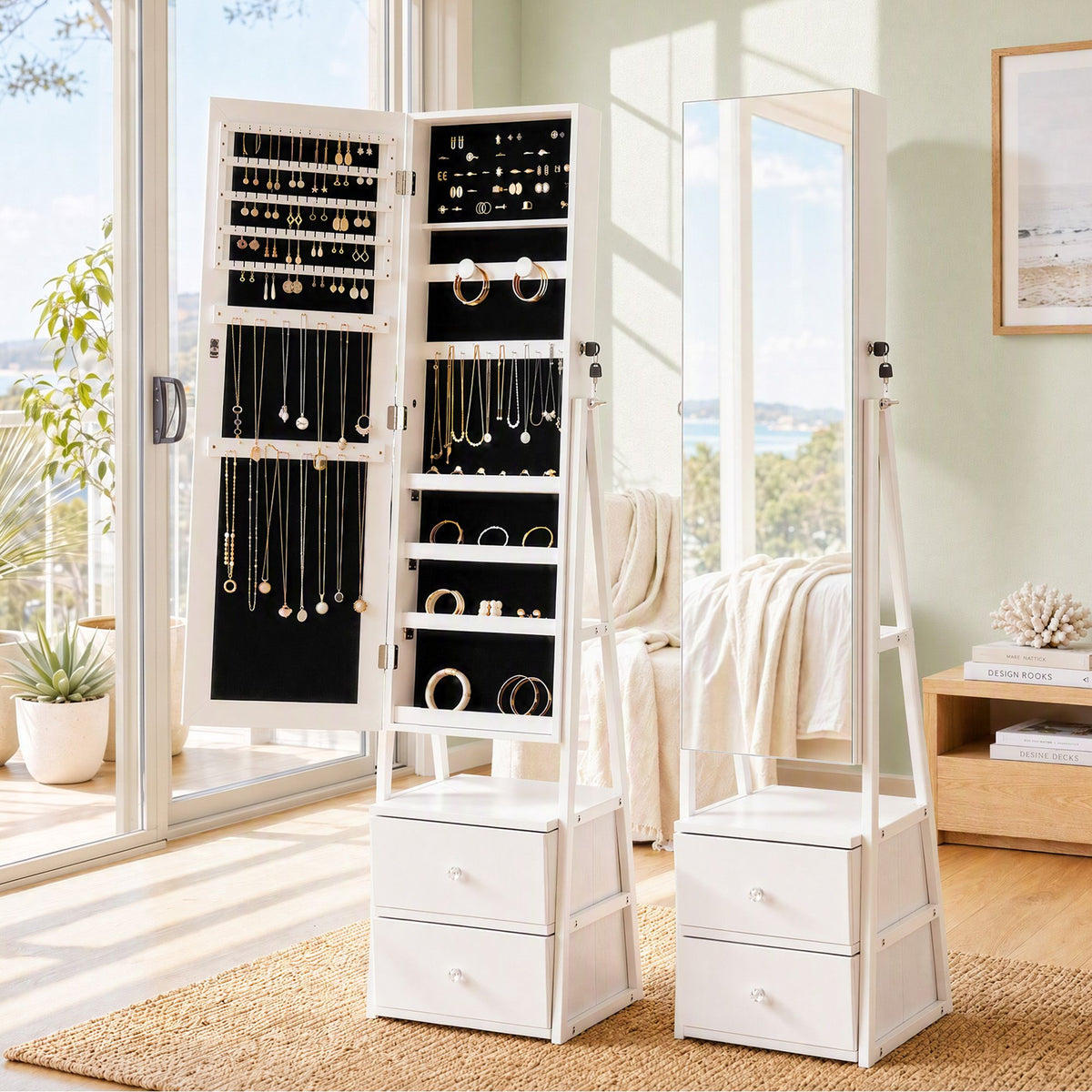 Artiss Lockable Jewelry Armoire with Mirror, Freestanding Organizer Cabinet with Drawers, White
