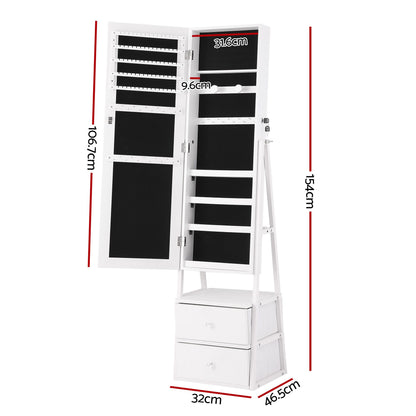 Artiss Lockable Jewelry Armoire with Mirror, Freestanding Organizer Cabinet with Drawers, White