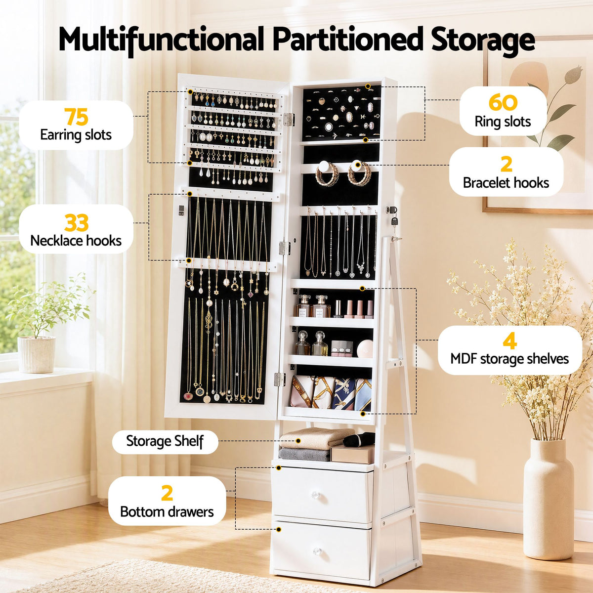 Artiss Lockable Jewelry Armoire with Mirror, Freestanding Organizer Cabinet with Drawers, White