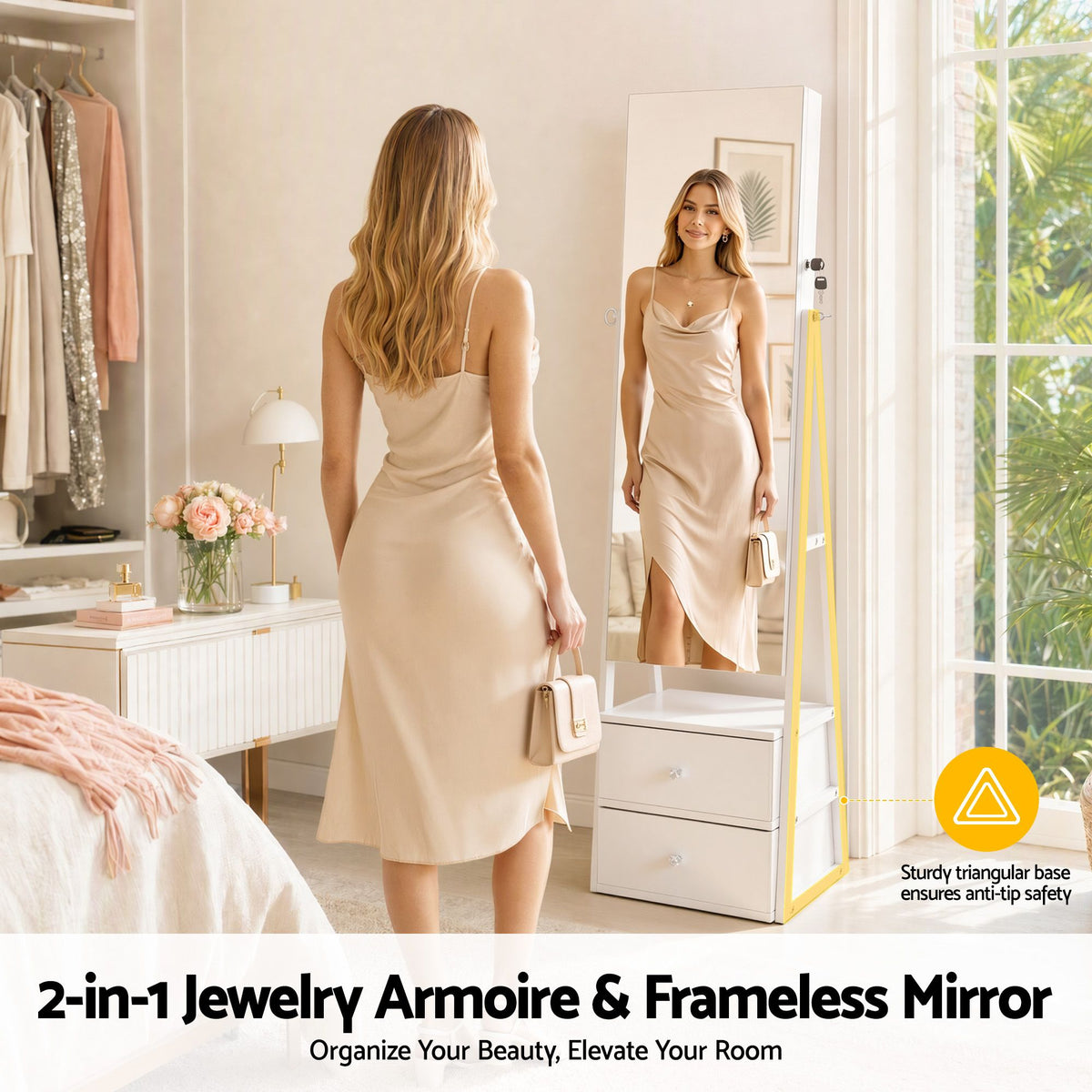 Artiss Lockable Jewelry Armoire with Mirror, Freestanding Organizer Cabinet with Drawers, White