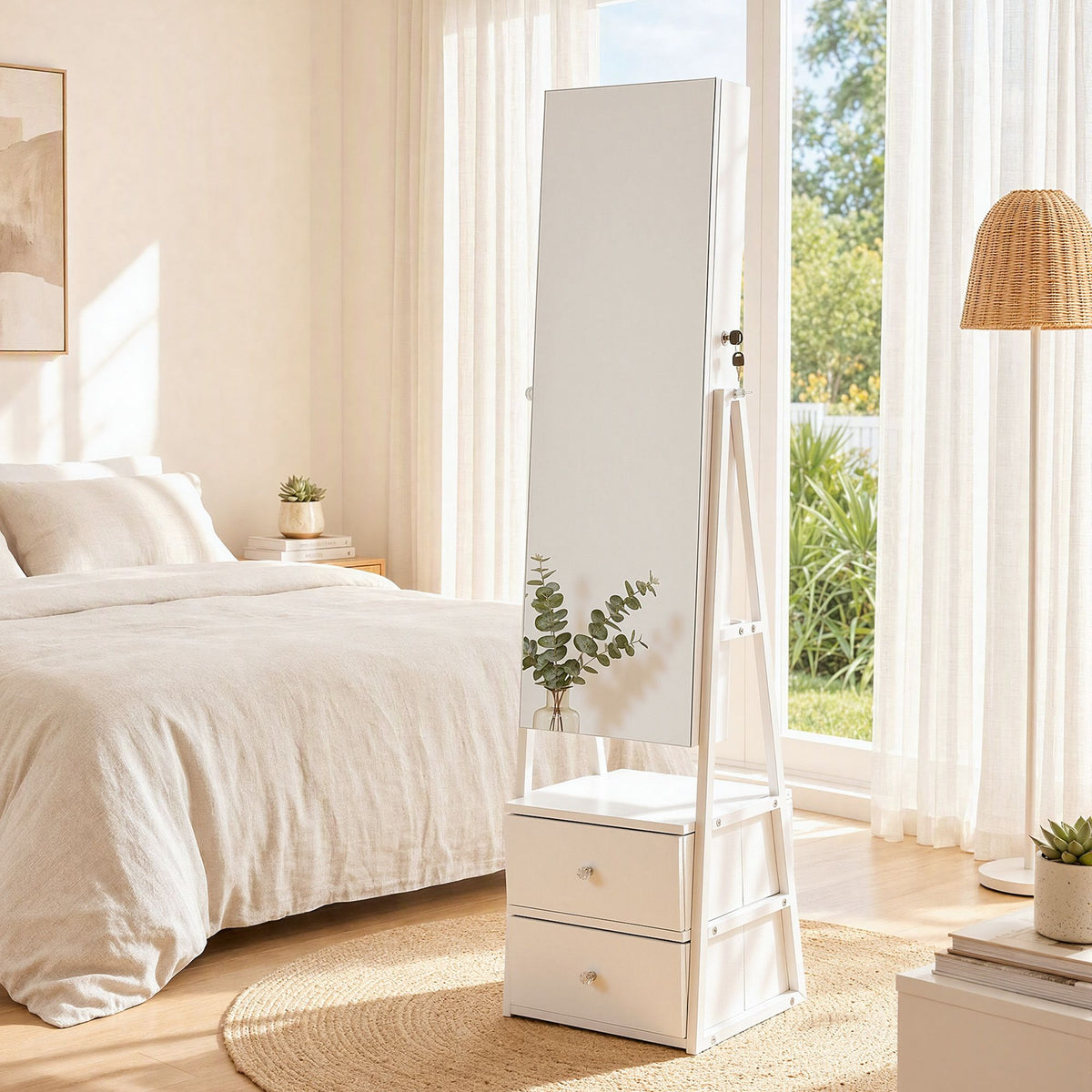 Artiss Lockable Jewelry Armoire with Mirror, Freestanding Organizer Cabinet with Drawers, White