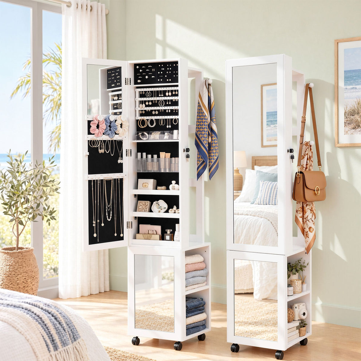 Artiss Lockable Jewellery Cabinet, Mobile Frameless Mirror, White-Home &amp; Garden > Storage > Storage Cabinets &amp; Lockers-PEROZ Accessories