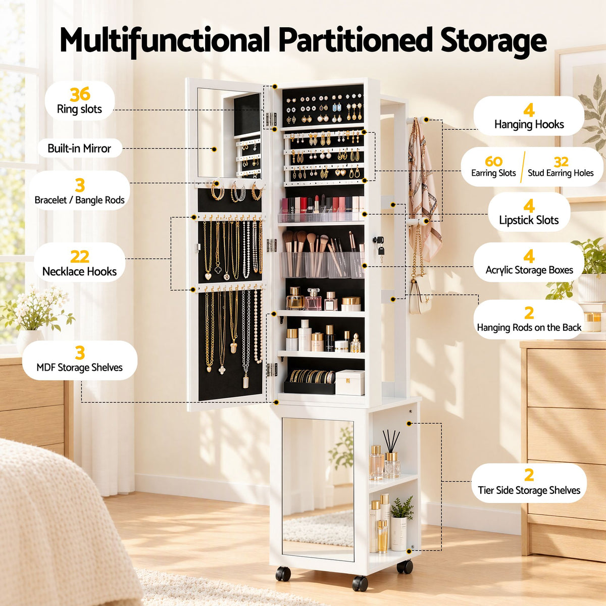 Artiss Lockable Jewellery Cabinet, Mobile Frameless Mirror, White-Home &amp; Garden > Storage > Storage Cabinets &amp; Lockers-PEROZ Accessories