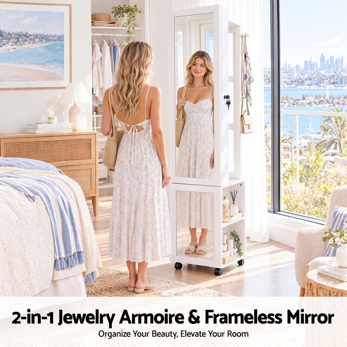Artiss Lockable Jewellery Cabinet, Mobile Frameless Mirror, White-Home &amp; Garden > Storage > Storage Cabinets &amp; Lockers-PEROZ Accessories