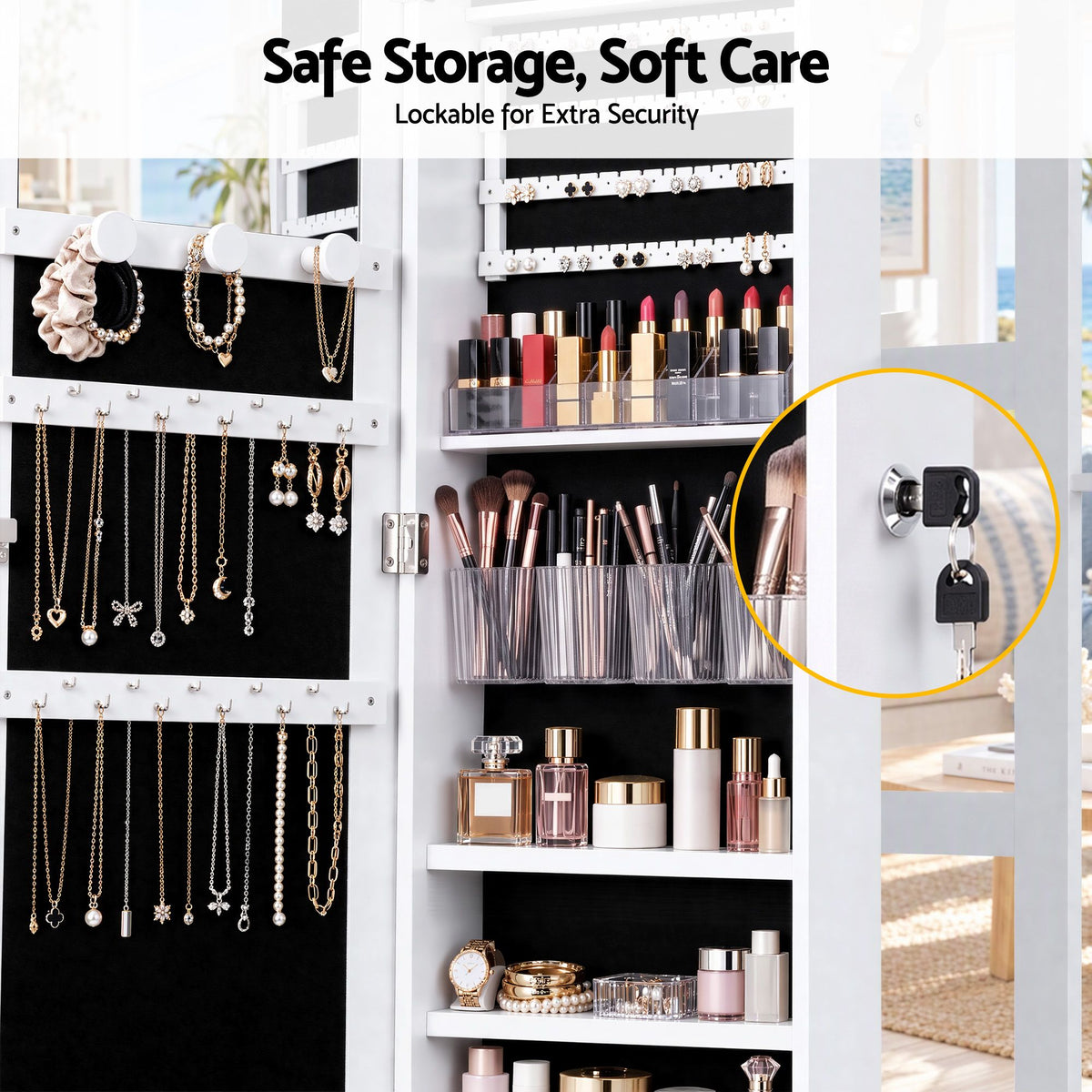 Artiss Lockable Jewellery Cabinet, Mobile Frameless Mirror, White-Home &amp; Garden > Storage > Storage Cabinets &amp; Lockers-PEROZ Accessories