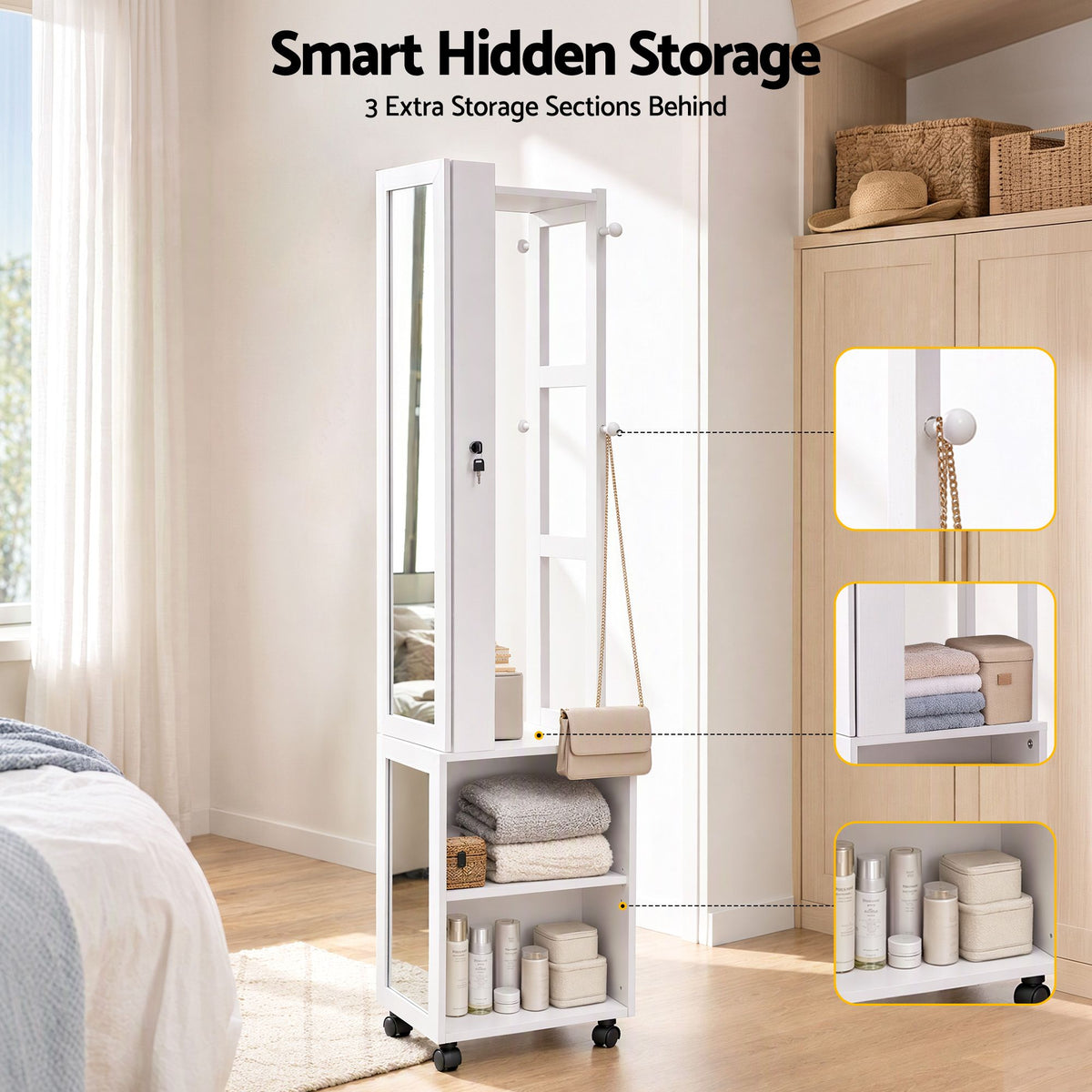 Artiss Lockable Jewellery Cabinet, Mobile Frameless Mirror, White-Home &amp; Garden > Storage > Storage Cabinets &amp; Lockers-PEROZ Accessories