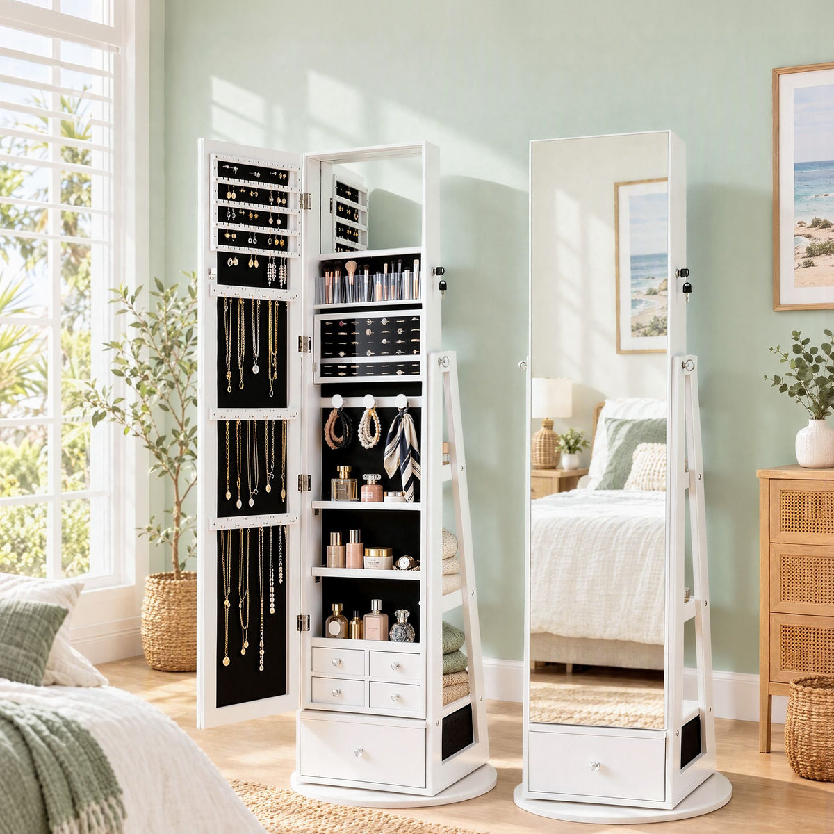 Artiss 360° Rotating Jewelry Cabinet Full Length Mirror, White-Furniture > Office > Storage Cabinets-PEROZ Accessories