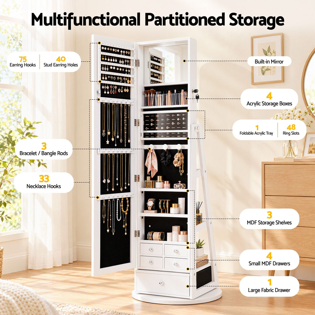 Artiss 360° Rotating Jewelry Cabinet Full Length Mirror, White-Furniture > Office > Storage Cabinets-PEROZ Accessories