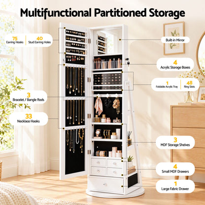 Artiss 360° Rotating Jewelry Cabinet Full Length Mirror, White-Furniture > Office > Storage Cabinets-PEROZ Accessories