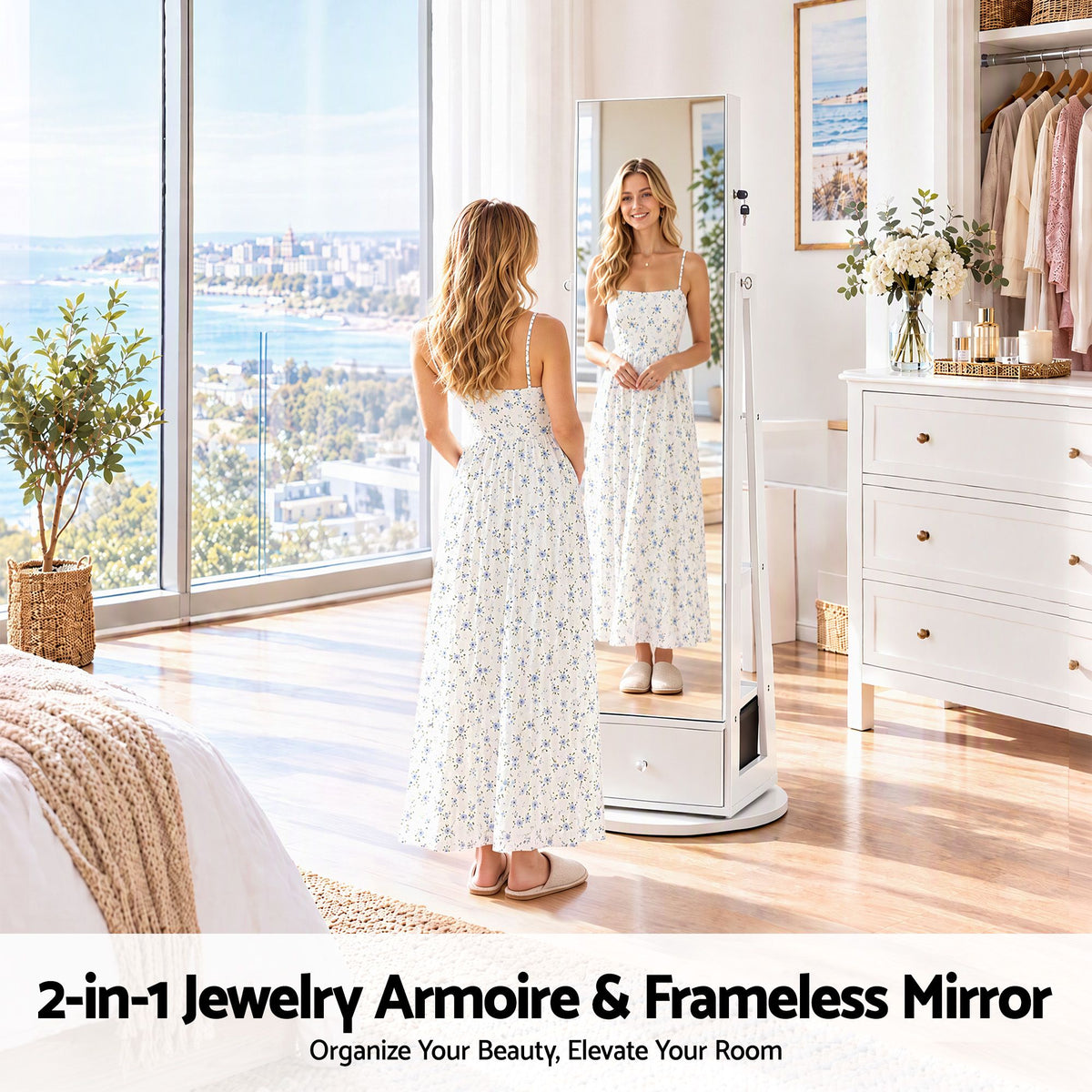 Artiss 360° Rotating Jewelry Cabinet Full Length Mirror, White-Furniture > Office > Storage Cabinets-PEROZ Accessories