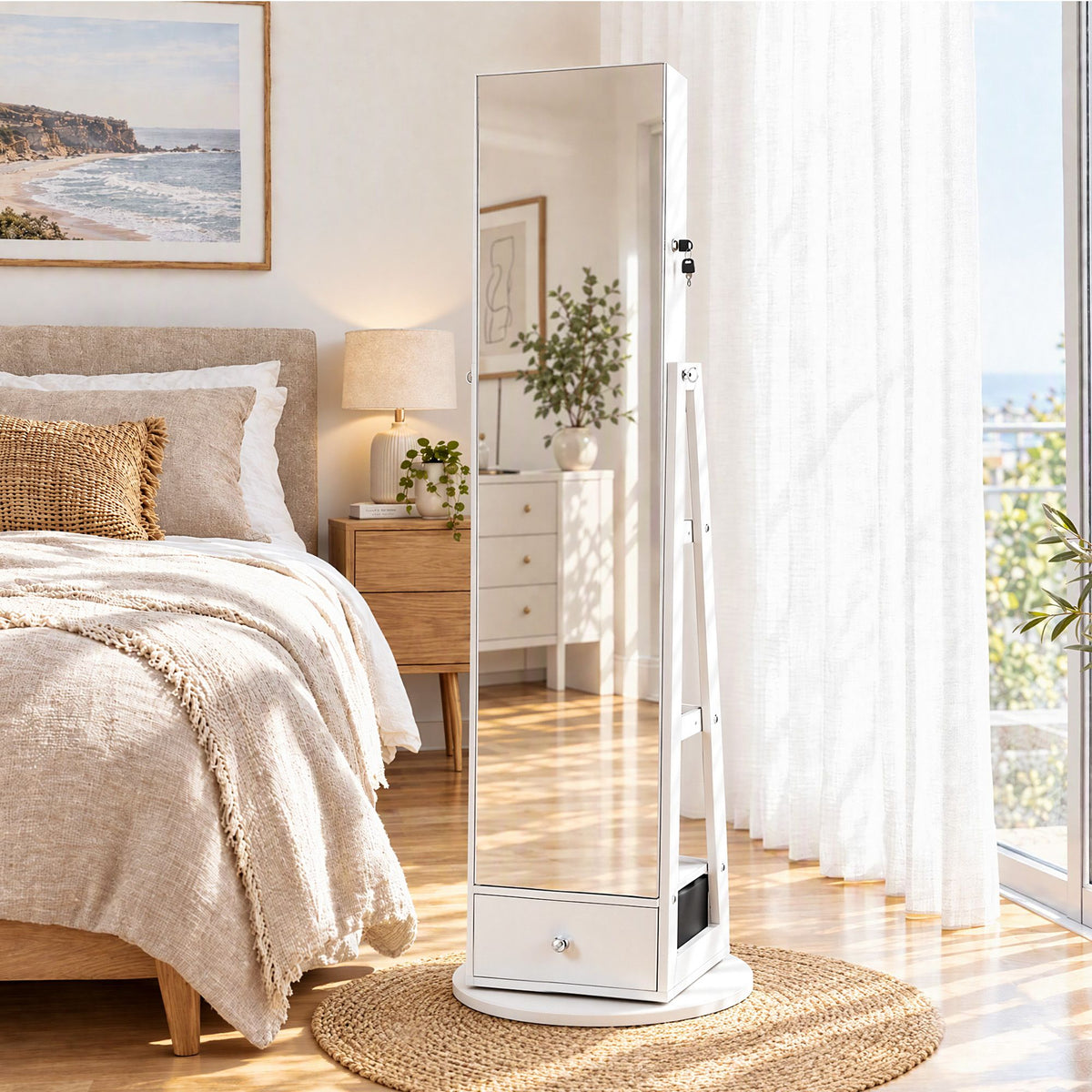 Artiss 360° Rotating Jewelry Cabinet Full Length Mirror, White-Furniture > Office > Storage Cabinets-PEROZ Accessories
