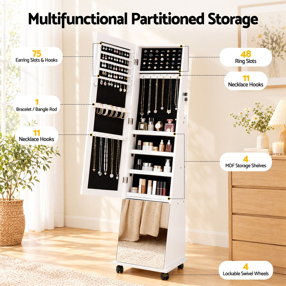 Artiss Jewelry Cabinet Frameless Full Length Mirror with Wheels, White-Furniture > Office > Storage Cabinets-PEROZ Accessories