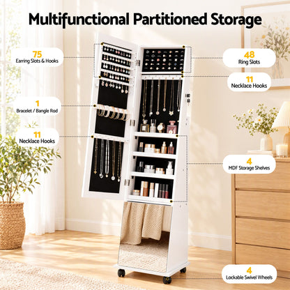 Artiss Jewelry Cabinet Frameless Full Length Mirror with Wheels, White-Furniture > Office > Storage Cabinets-PEROZ Accessories