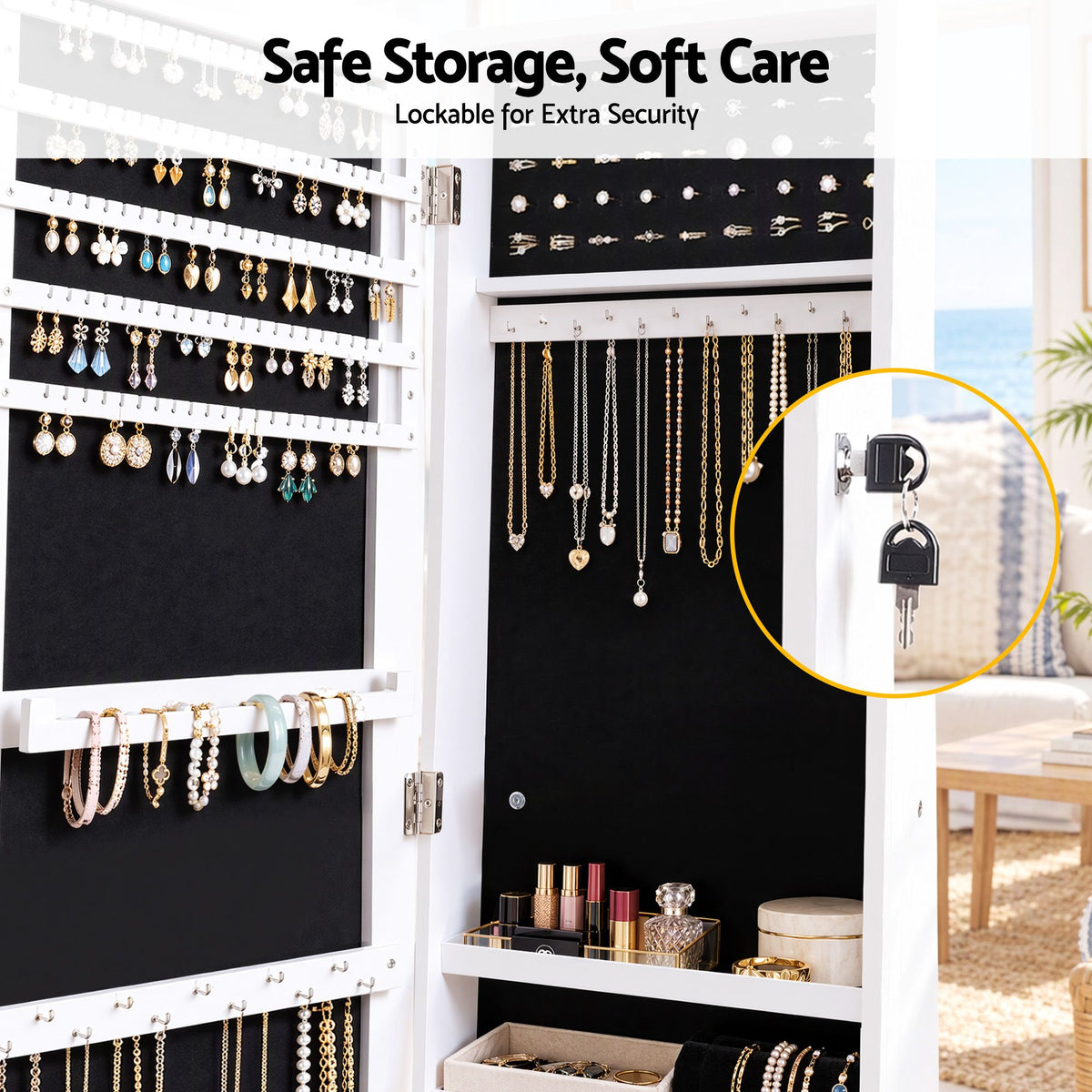 Artiss Jewelry Cabinet Frameless Full Length Mirror with Wheels, White-Furniture > Office > Storage Cabinets-PEROZ Accessories