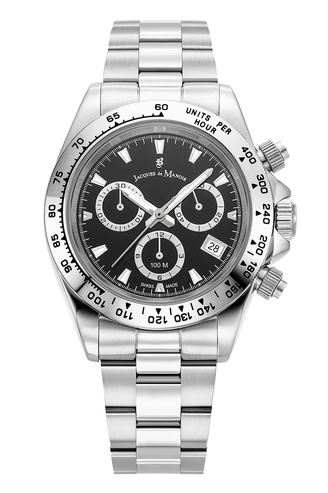 Jacques Du Manoir Swiss Phoenix Chrono 40mm 100m Water Resistant Back Dial Stainless Steel Strap Watch-PEROZ Accessories