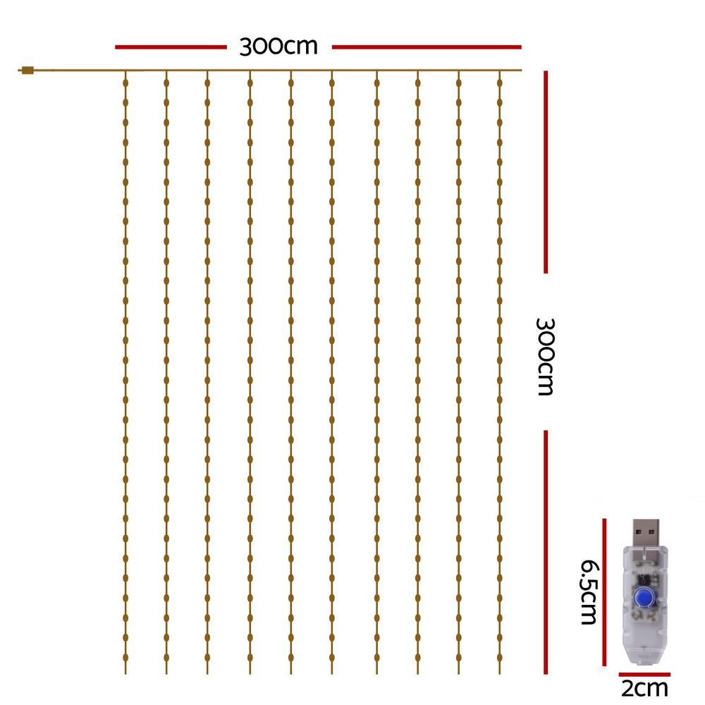 Jingle Jollys 3X3M Christmas Lights Curtain String Light 300 LED Warm White-Occasions > Christmas > Outdoor Decorations &amp; Lights-PEROZ Accessories