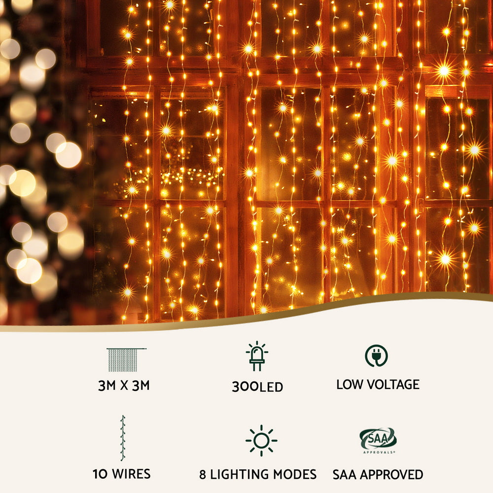 Jingle Jollys 3X3M Christmas Lights Curtain String Light 300 LED Warm White-Occasions > Christmas > Outdoor Decorations &amp; Lights-PEROZ Accessories