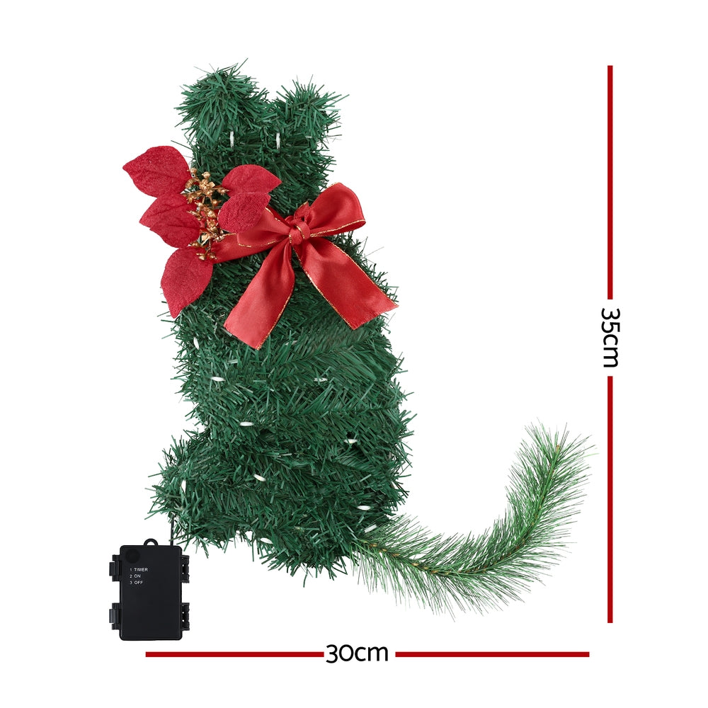 Jingle Jollys Cat Christmas Wreath Pre-lit 20 LED Xmas Decor Bow Flower 35x30cm-Occasions > Christmas > Christmas Wreaths &amp; Garlands-PEROZ Accessories