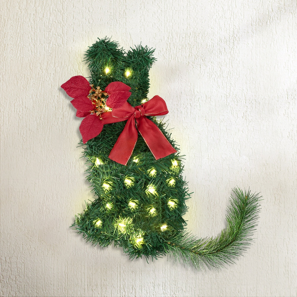 Jingle Jollys Cat Christmas Wreath Pre-lit 20 LED Xmas Decor Bow Flower 35x30cm-Occasions > Christmas > Christmas Wreaths &amp; Garlands-PEROZ Accessories
