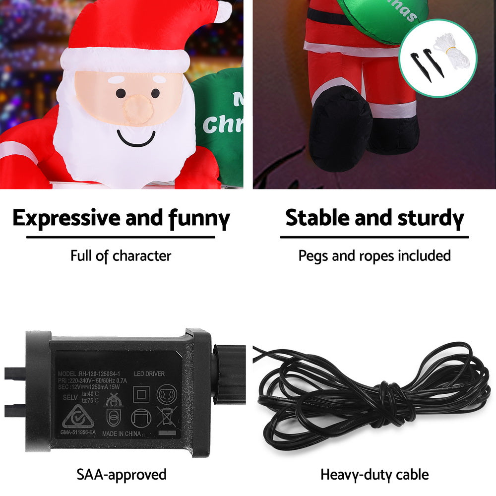 Jingle Jollys Christmas Inflatable Climbing Santa 2.5M Height LED Decorations Illuminated-Occasions > Christmas > Outdoor Decorations &amp; Lights-PEROZ Accessories