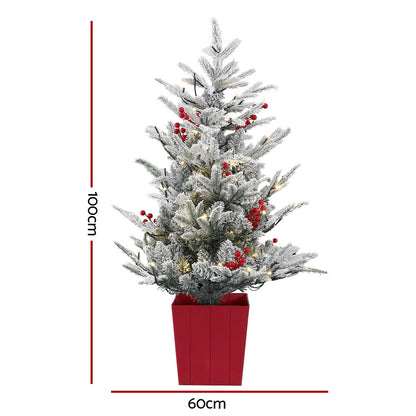 Jingle Jollys Christmas Tree 1M LED Potted Xmas Party Decor Red Barries Flocked-Occasions > Christmas > Christmas Trees-PEROZ Accessories