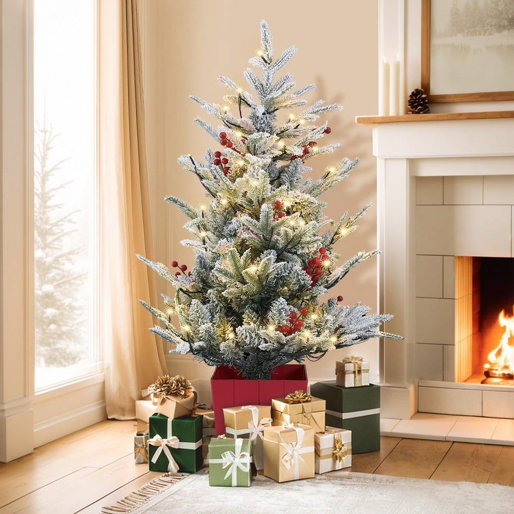 Jingle Jollys Christmas Tree 1M LED Potted Xmas Party Decor Red Barries Flocked-Occasions > Christmas > Christmas Trees-PEROZ Accessories