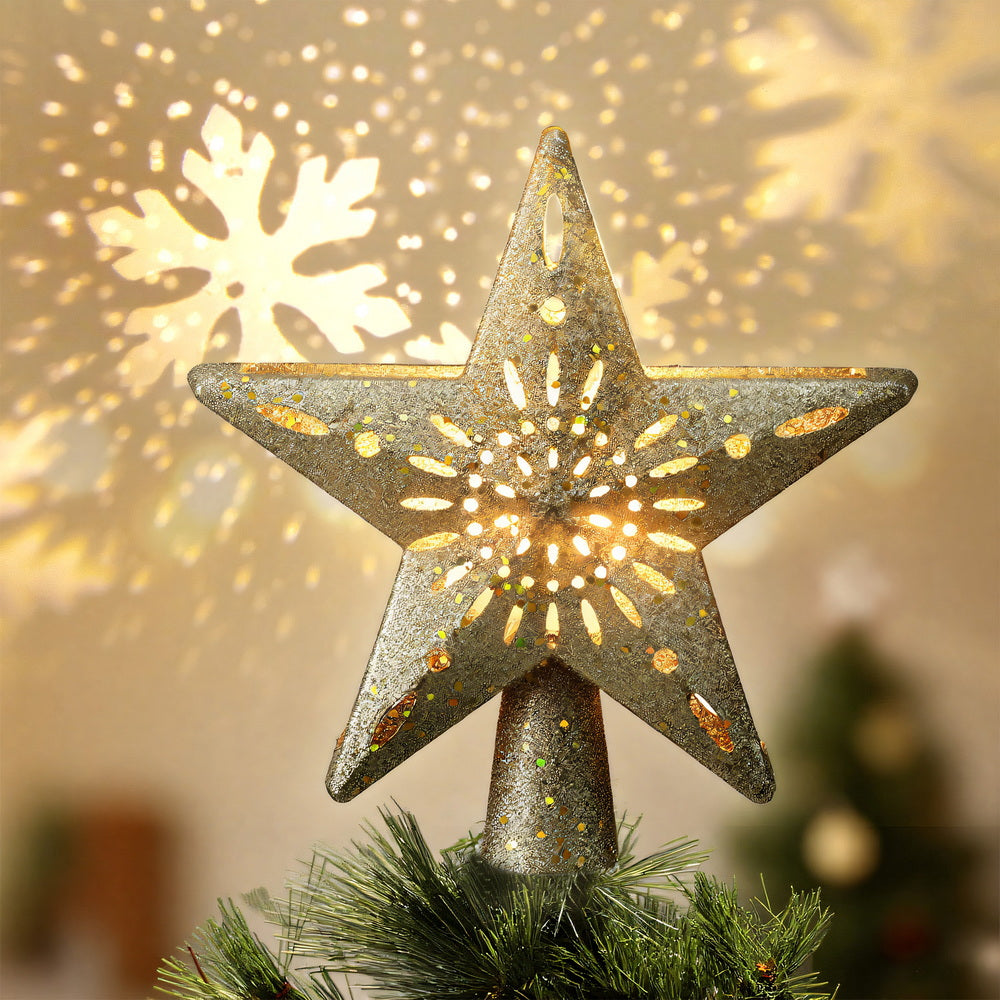 Jingle Jollys Christmas Tree Topper Star Snowflake Projector Party Glitter Gold-Occasions > Christmas > Christmas Decorations-PEROZ Accessories