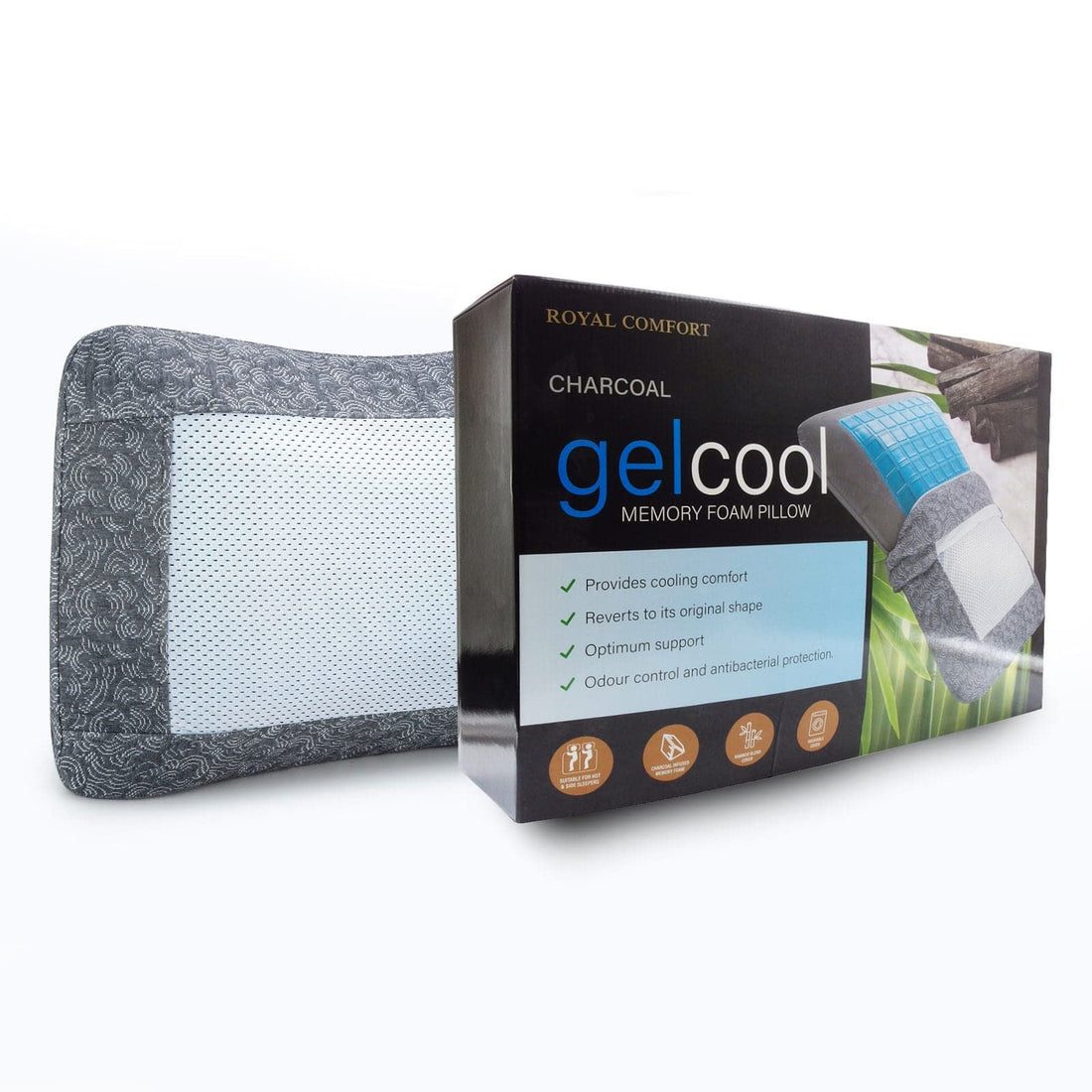 2 x Royal Comfort Cool Gel Charcoal Infused High Density Memory Foam Pillows-Bedding-PEROZ Accessories