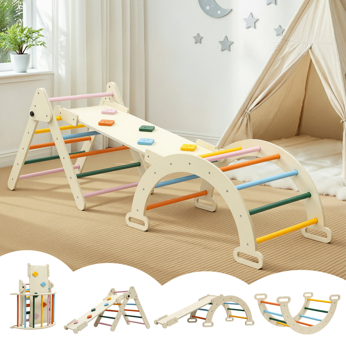 Keezi Kids Triangle Climbing Toys Set With Slide Indoor Outdoor Toddler Toys Pikler Climber With Arch-Baby &amp; Kids > Baby &amp; Kid&