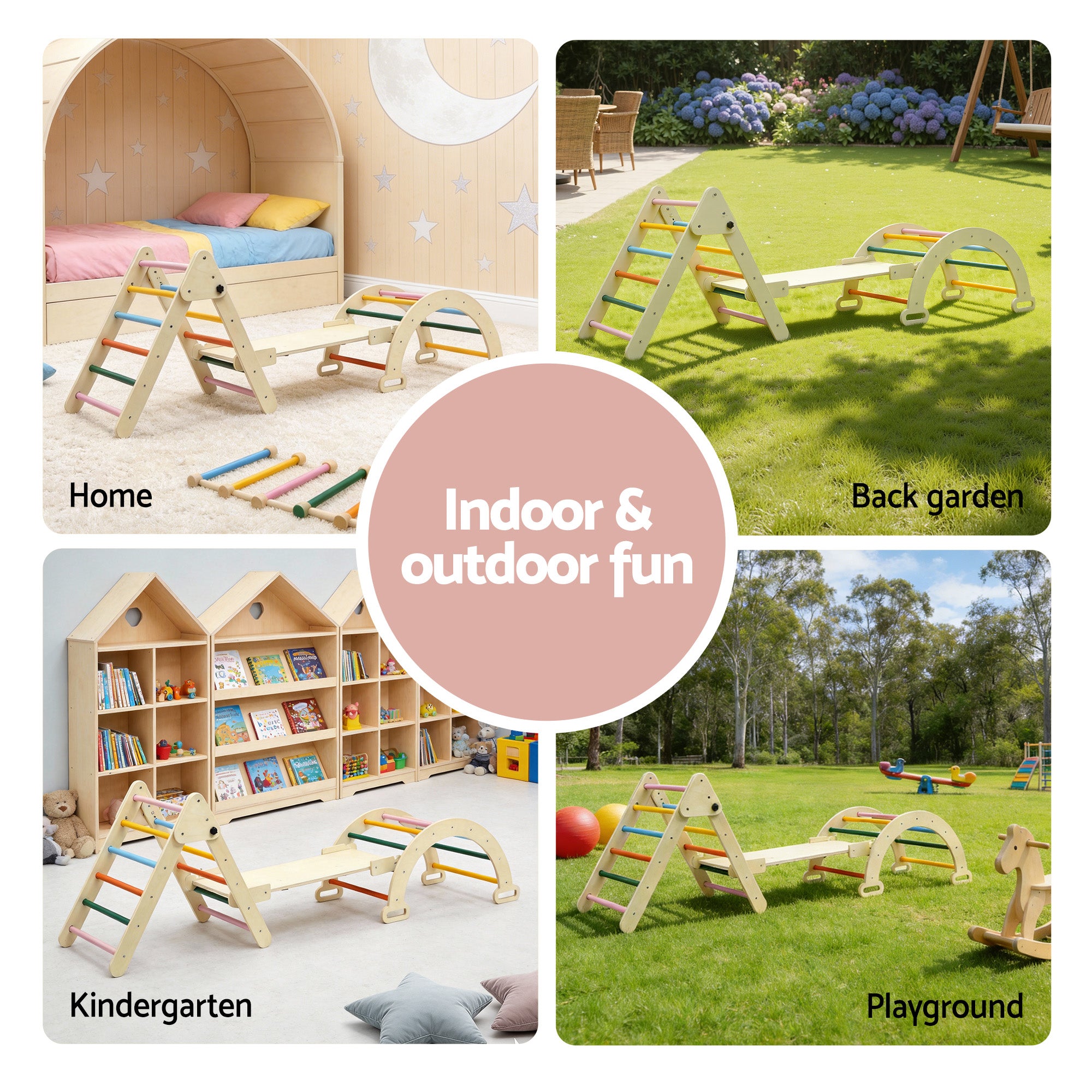 Keezi Kids Triangle Climbing Toys Set With Slide Indoor Outdoor Toddler Toys Pikler Climber With Arch-Baby &amp; Kids > Baby &amp; Kid&