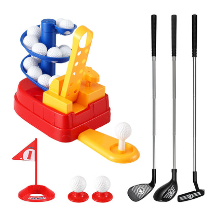 Keezi Kids Golf Toy Set with 20 Balls &amp; 3 Adjustable Clubs, Foot Pedal Ball Launcher Portable Training Toy, Indoor Outdoor Backyard Sports Game for Ages 3-8