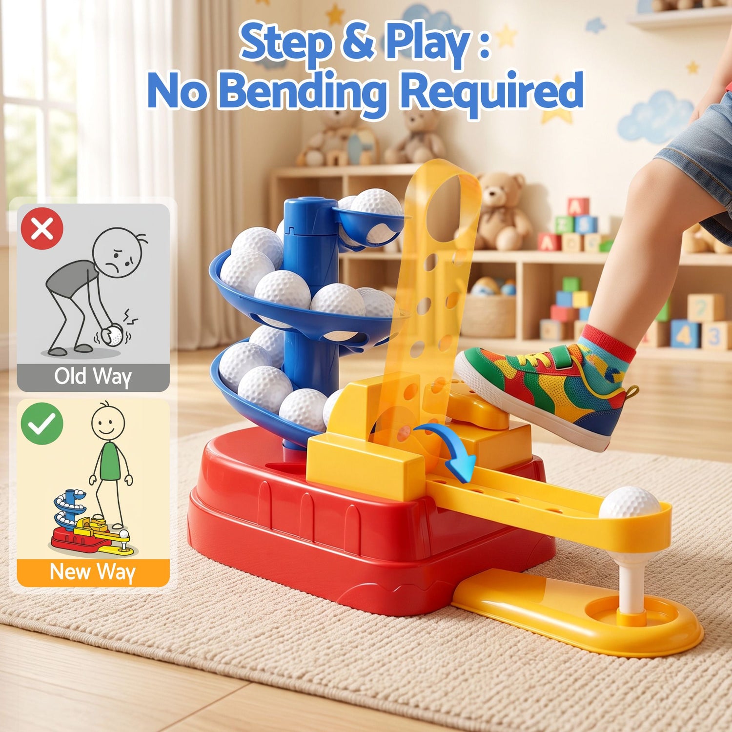 Keezi Kids Golf Toy Set with 20 Balls &amp; 3 Adjustable Clubs, Foot Pedal Ball Launcher Portable Training Toy, Indoor Outdoor Backyard Sports Game for Ages 3-8