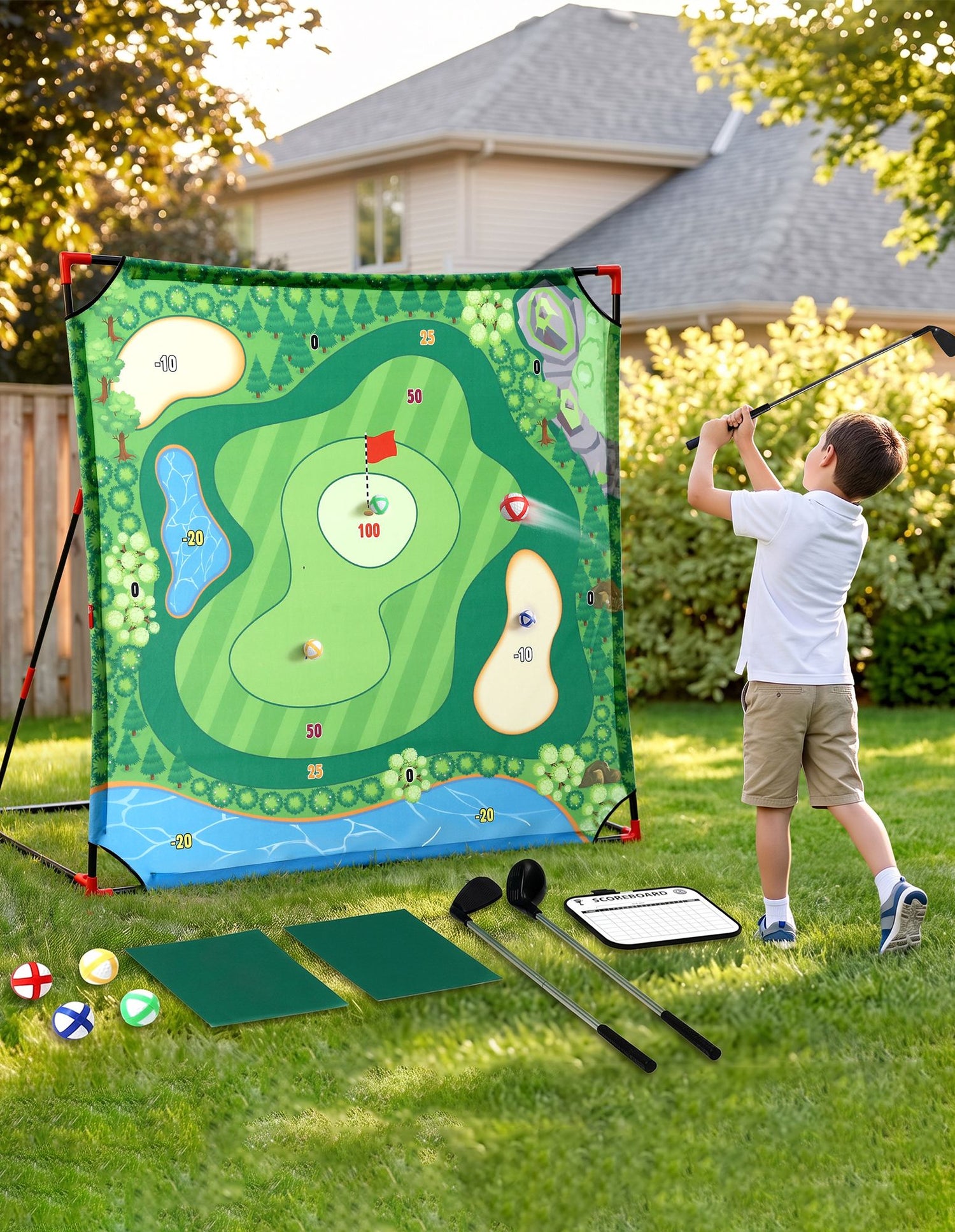 Keezi Kids Golf Chipping Game Set with Stand, 24 Sticky Balls, Adjustable Club &amp; 2 Hitting Mats for Indoor Outdoor Ages 3-12 Play